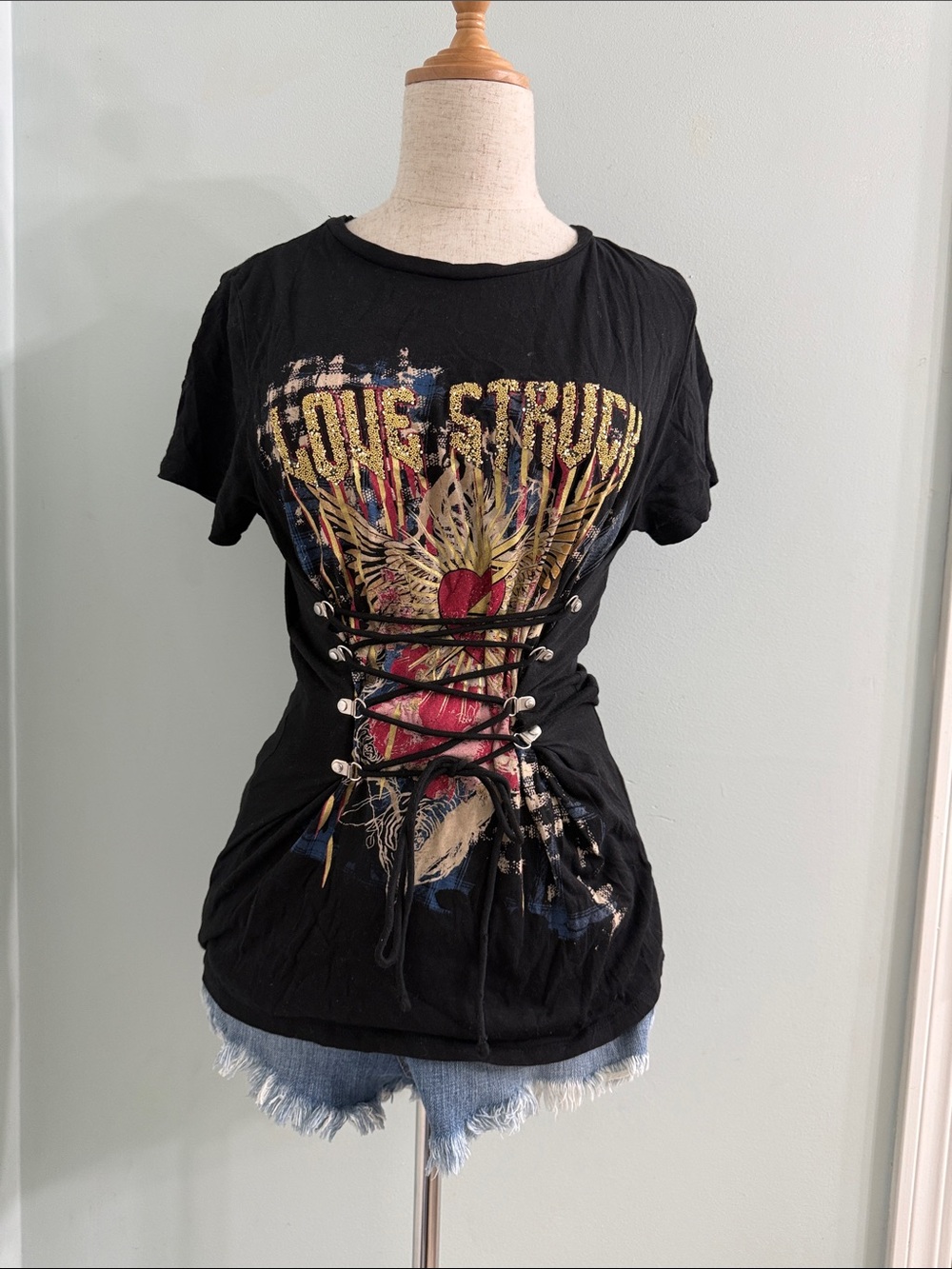 Y2K Guess Corset Tie Top Gold Studding Love Struck Heart S